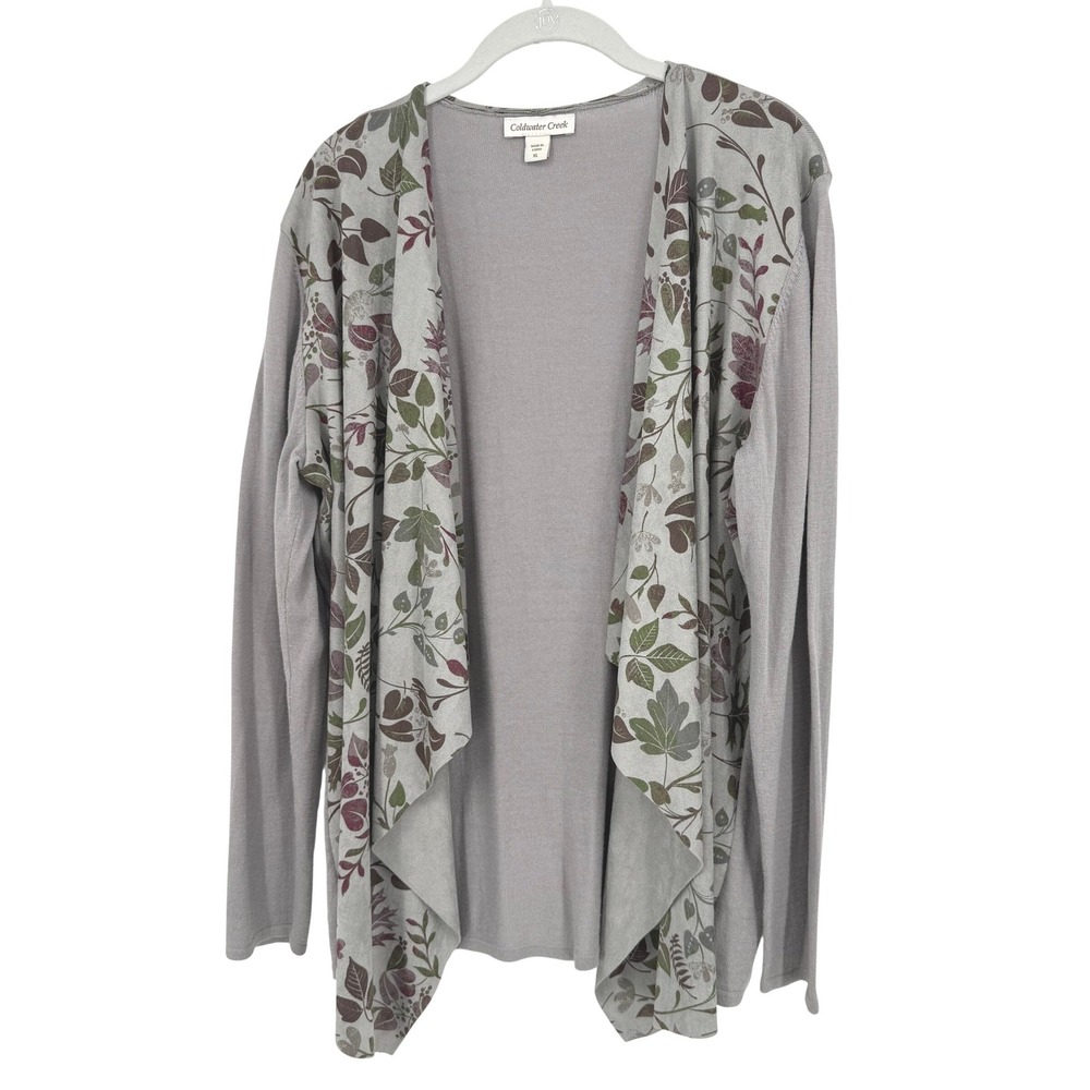Coldwater Creek Cardigan Women XL Grey Leaf Print Faux Suede Open Front